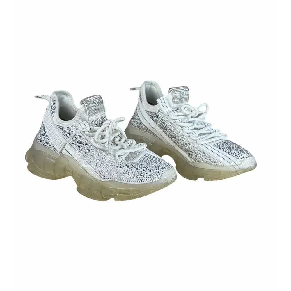 Steve Madden Maxima White Rhinestone Sneakers Womens 8.5 Chunky Sole